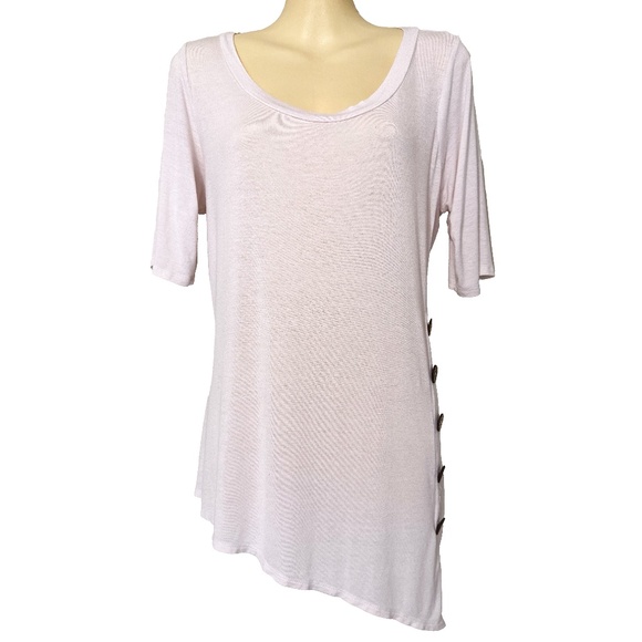 FASHIONOMICS Blush Pink Lagenlook Boho Button Accent Asymmetrical Tunic Top Sz L - Picture 1 of 4